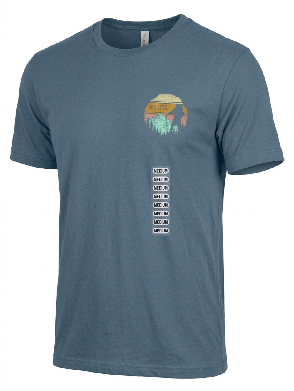 Next Level Apparel Slate Blue Crewneck Tee with Retro Mountain Chest Graphic